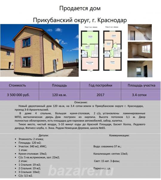 Продаю  дом , 120 кв.м , кирпичный, Краснодар